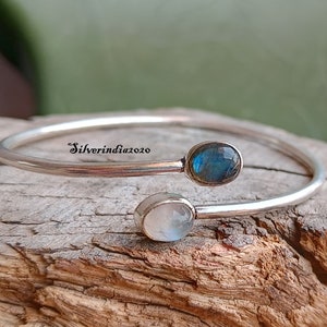 Labradorite Moonstone Bangle: Adjustable Sterling Silver Bracelet