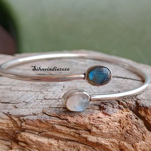 Labradorite Bangle, 925 Sterling Silver Bangle, Moonstone Silver Bangle, Moon & Lab Adjustable Bangle, Two Gemstone Bracelet, Gift Items