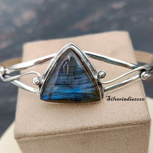 Labradorite Bangle: Adjustable 925 Sterling Silver Cuff