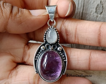 Handmade Amethyst & Moonstone Pendant: 925 Sterling Silver