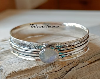 Moonstone Spinner Bangle: Hammered 925 Sterling Silver Stacking Jewelry