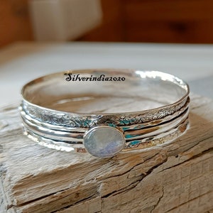 Moonstone Spinner Bangle: Hammered 925 Sterling Silver Stacking Jewelry