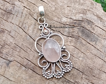 Rose Quartz 925 Sterling Silver Necklace: Antiqued Flower Pendant