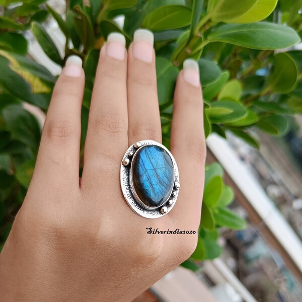 Labradorite Ring, Labradorite Silver Ring, 925 Sterling Silver Ring, Gemstone Ring, Boho Ring, Blue Flash Ring, Women Ring, Christmas Gift