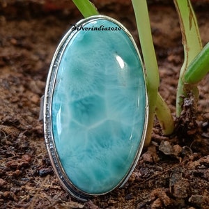 Handmade Larimar Ring: Large Gemstone, 925 Sterling Silver, Boho Wedding