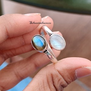 Labradorite Moonstone Ring: 925 Sterling Silver Adjustable Gemstone Ring