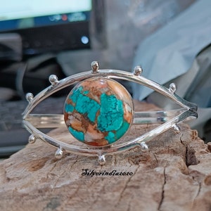 Oyster Turquoise 925 Silver Bangle - Handmade Boho Gemstone Bangle