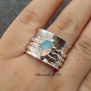 Natural Opal Spinner Ring: 925 Sterling Silver Fidget Band