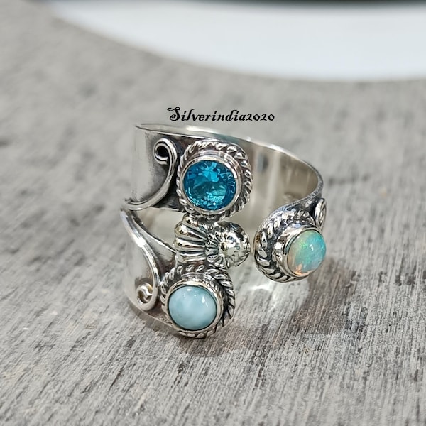 Larimar, Opal & Topaz Ring: Sterling Silver Boho Band