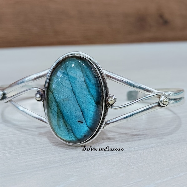 Labradorite Bangle, Handmade Bangle, Women Bangle, Gemstone Bangle, 925 Silver Bangle, Blue Flash Bangle, Adjustable Bangle, Gift For Her