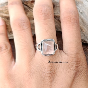Handmade Rose Quartz Ring: 925 Sterling Silver Square Gemstone