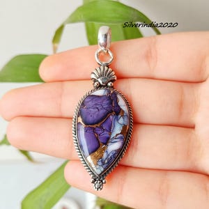Kingman Turquoise & Spiny Oyster Pendant: 925 Silver Boho Necklace