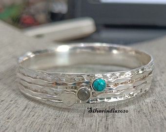 Labradorite Turquoise 925 Silver Bangle - Spinner Design