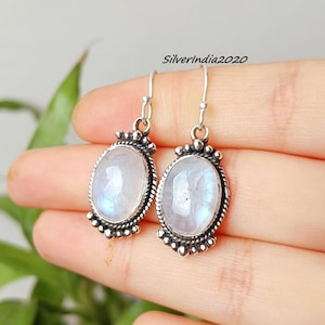 Rainbow Moonstone Dangle Earrings: Sterling Silver Bohemian Jewelry