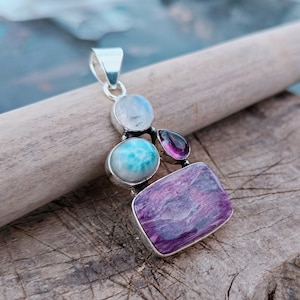 Charoite & Larimar Pendant For Women, 925 Sterling Silver Pendant, Boho Pendant, Designer Pendant, Amethyst Pendant, Gift For Her, Necklace