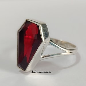 Garnet Coffin Ring, Natural Garnet Ring, Coffin Solid 925 Sterling Silver, Women Coffin, Gemstone Ring, Natural Red Garnet, Silver Coffin