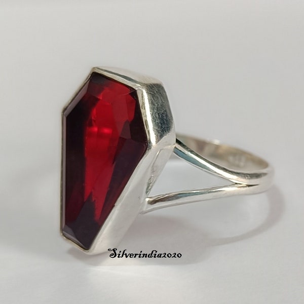 Garnet Coffin Ring, Natural Garnet Ring, Coffin Solid 925 Sterling Silver, Women Coffin, Gemstone Ring, Natural Red Garnet, Silver Coffin