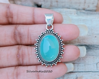 Handmade Aqua Chalcedony 925 Sterling Silver Pendant