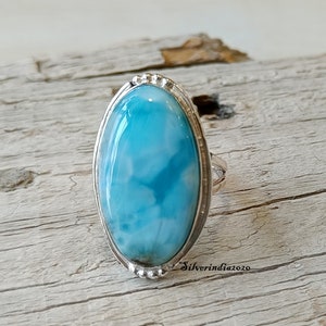 Natural Larimar Ring: 925 Sterling Silver Band, Gemstone Jewelry