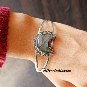 Handmade Sterling Silver Labradorite Bangle: Half Moon Gemstone Bracelet