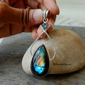 Labradorite Pendant, Gemstone Pendant, 925 Sterling Silver Pendant, Topaz Pendant, Pear Cut Shape, Adorable Pendant, Gift For Her