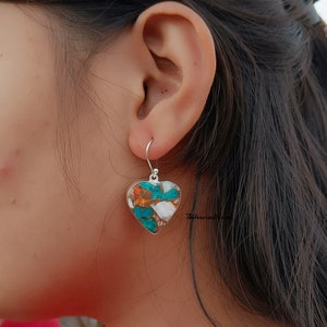 Sterling Silver Oyster Copper Turquoise Heart Dangle Earrings