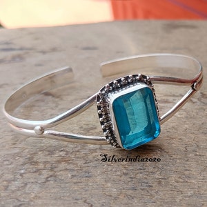 Blue Topaz Sterling Silver Bangle: Adjustable Boho Gemstone Bracelet