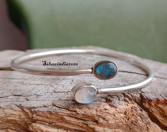 Labradorite Bangle, 925 Sterling Silver Bangle, Moonstone Silver Bangle, Moon & Lab Adjustable Bangle, Two Gemstone Bracelet, Gift Items