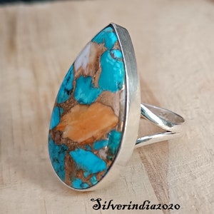 Oyster Copper Turquoise Ring: 925 Sterling Silver Band Ring