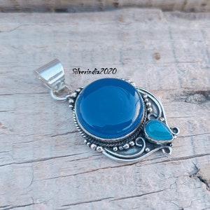 Handmade Blue Chalcedony 925 Silver Pendant: Bohemian Necklace Gift