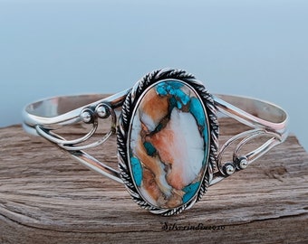 Oyster Copper Turquoise Sterling Silver Bangle: Handmade Open Cuff
