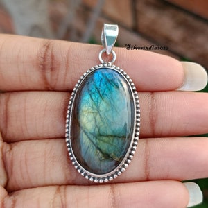 Handmade Oval Labradorite Pendant: 925 Sterling Silver