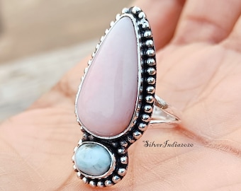 Handmade Sterling Silver Pink Opal & Larimar Gemstone Ring