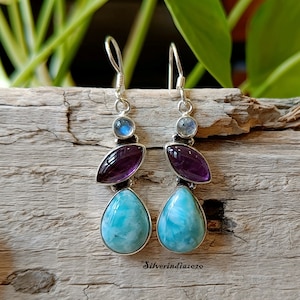 Handmade Larimar & Amethyst Sterling Silver Dangle Earrings