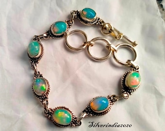 Natural Opal Sterling Silver Bracelet: Seven Stone Dainty Bracelet