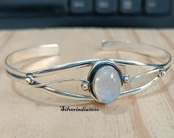 Handmade Moonstone Cuff Bangle: 925 Sterling Silver Gemstone Bangle