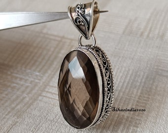 Smoky Quartz Solid 925 Sterling Silver Pendant Necklace For Women, Handmade Smoky Quartz Pendant For Wedding & Birthday, Gift For Her