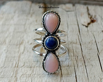 Pink Opal & Lapis Lazuli 925 Sterling Silver Band Ring