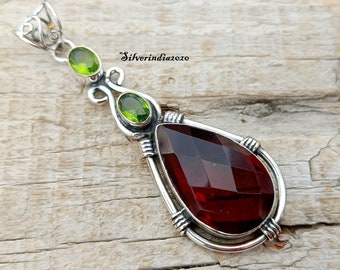 Handmade Garnet & Peridot Pendant: 925 Sterling Silver Necklace