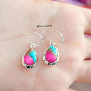 Pink Oyster Turquoise Earrings: Handmade 925 Sterling Silver Dangle Drop