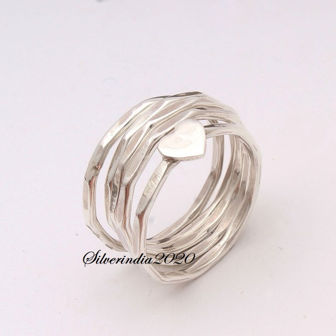 Set of 5 Thin Silver Band, Hammered Wide Ring, Arthritis Ring, Stacking