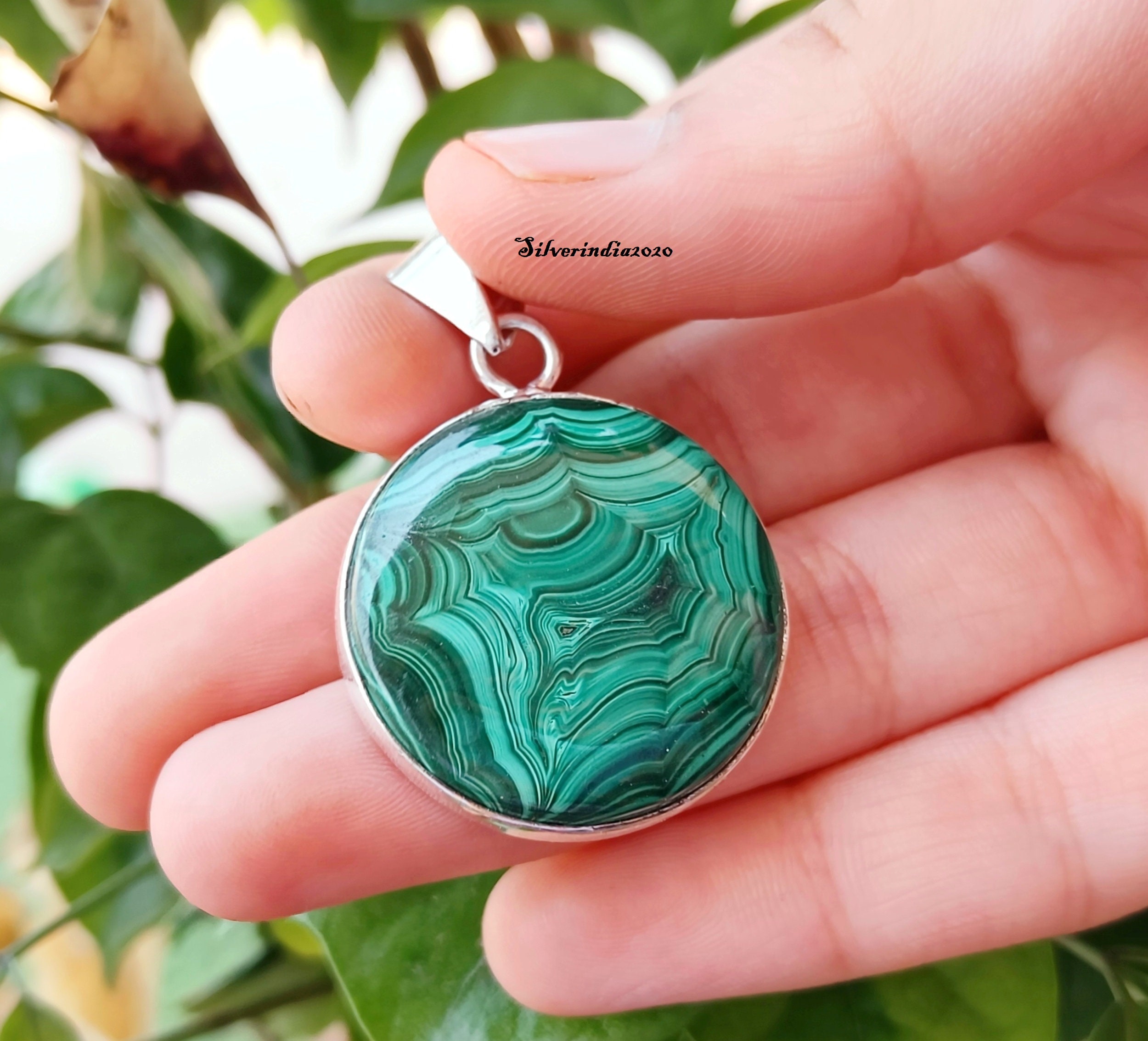 Boho Malachite Pendant Necklace - Handmade Round Sterling Silver Statement Jewelry For Women