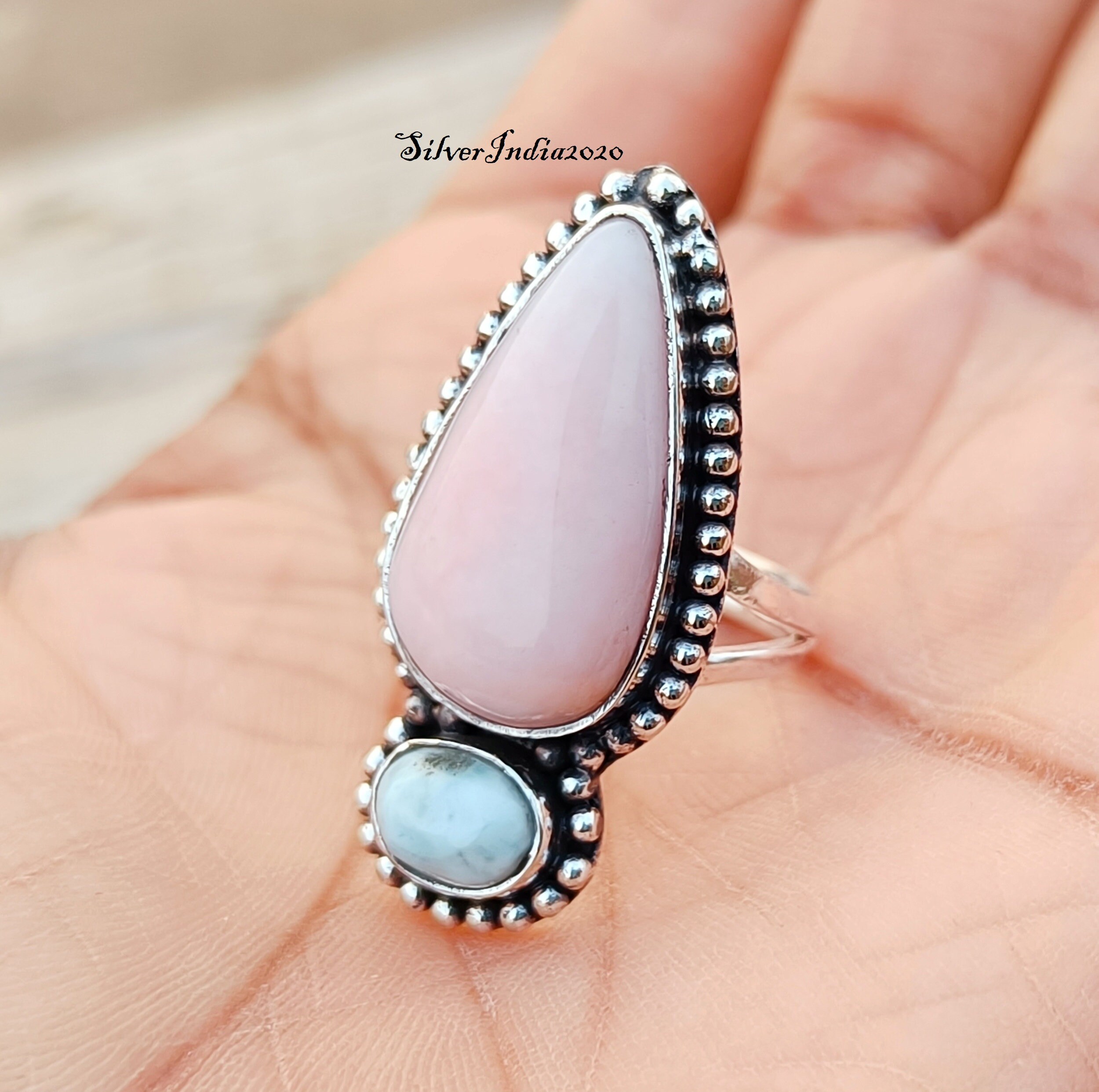 Handmade Sterling Silver Pink Opal & Larimar Gemstone Ring - Etsy 日本