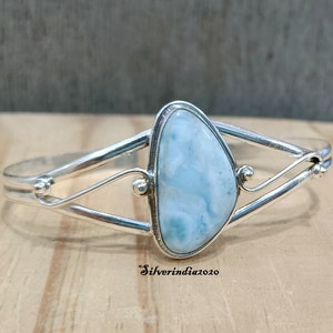 Natural Larimar Bangle: 925 Sterling Silver Gemstone Bracelet