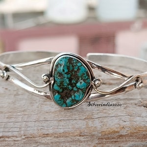 Tibetan Turquoise Sterling Silver Cuff Bangle - Adjustable