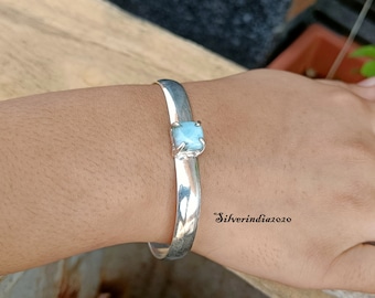 Natural Larimar Sterling Silver Bangle: Adjustable Handmade Jewelry