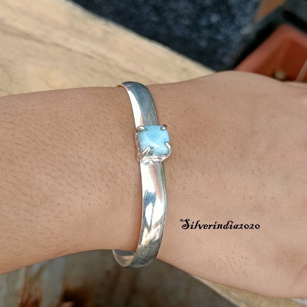 Natural Larimar Sterling Silver Bangle: Adjustable Handmade Jewelry