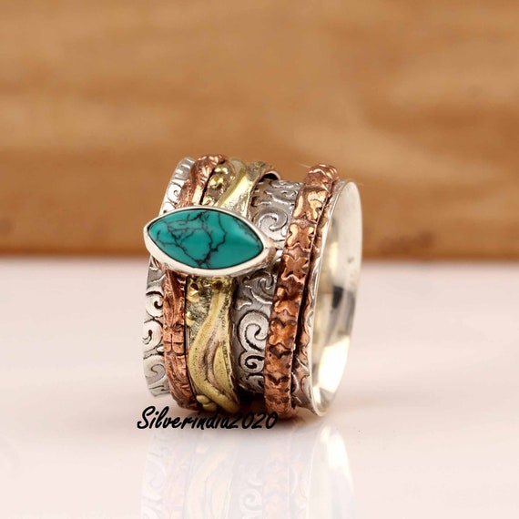 Turquoise Ring, Spinner Ring, 925 Sterling Silver, Three Tone