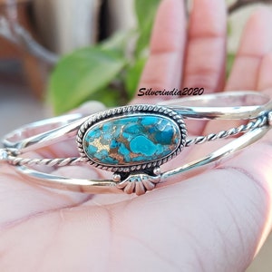 Blue Copper Turquoise Bangle: Handmade 925 Sterling Silver Open Cuff
