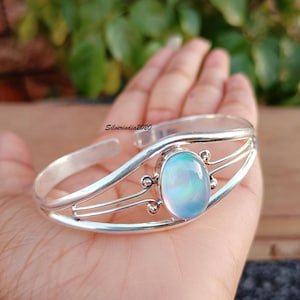 Aurora Opal Bangle: Handmade 925 Sterling Silver Adjustable Bracelet